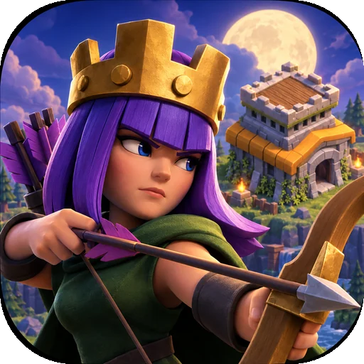 The Atrys app icon: the Archer Queen drawing her bow in front of a Town Hall under a full moon